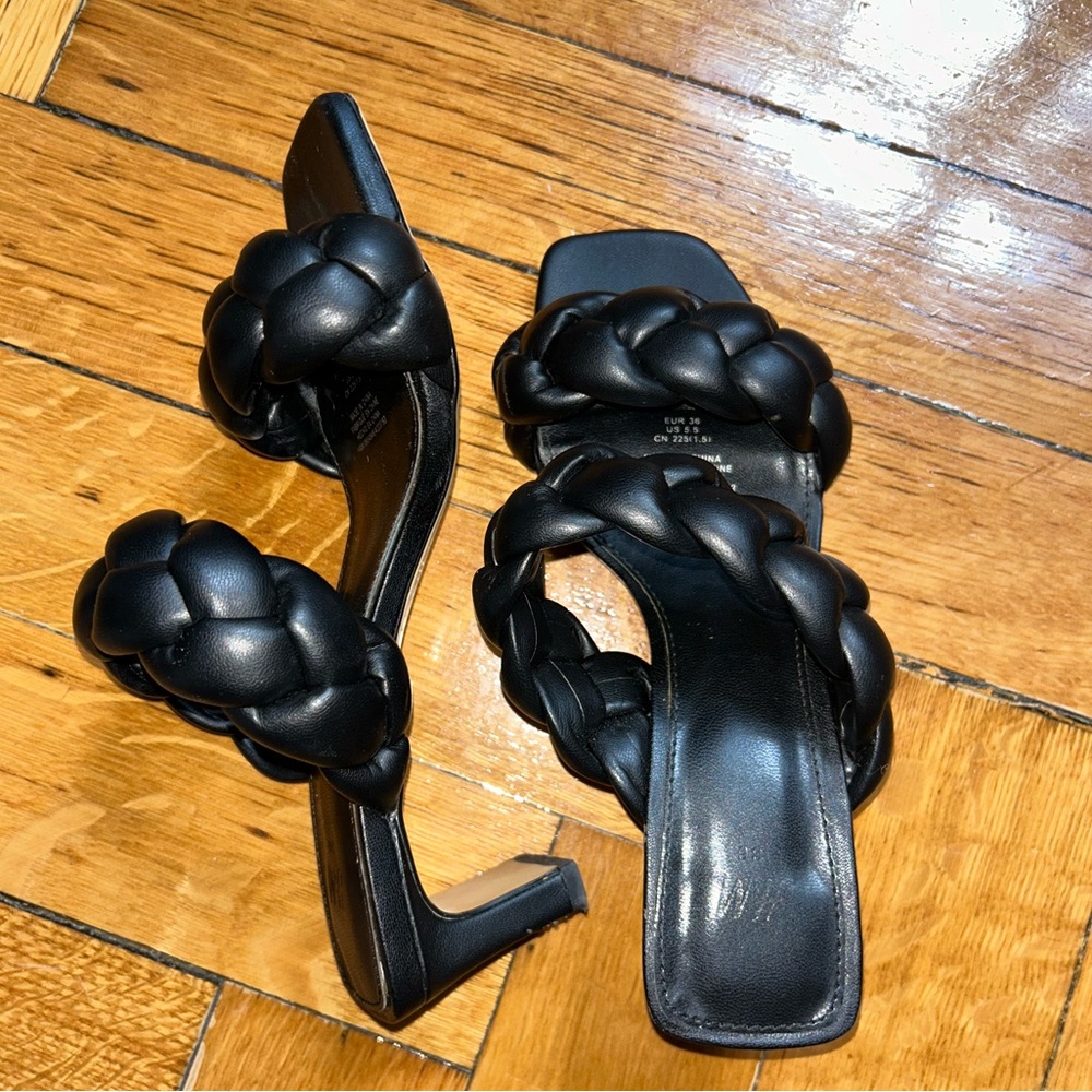 H&M Braided Slip-In Sandals in Black Faux Leather; size 6/36; 2 inch heel; GUC!!